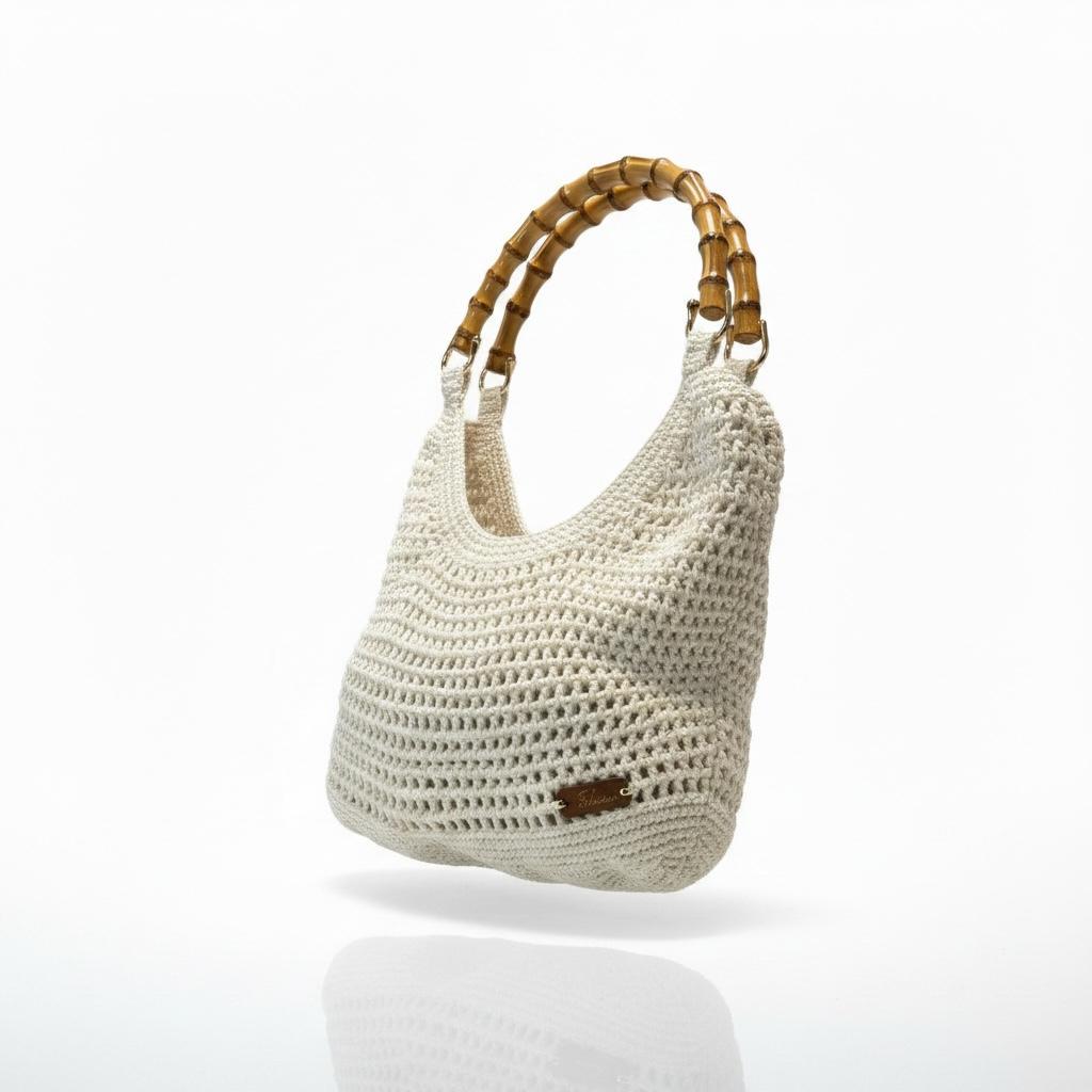 Cream Crochet Hobo Bag with Bamboo Handle