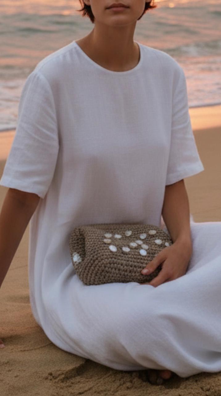 Handmade Leather Yarn Clutch with Pearl Details