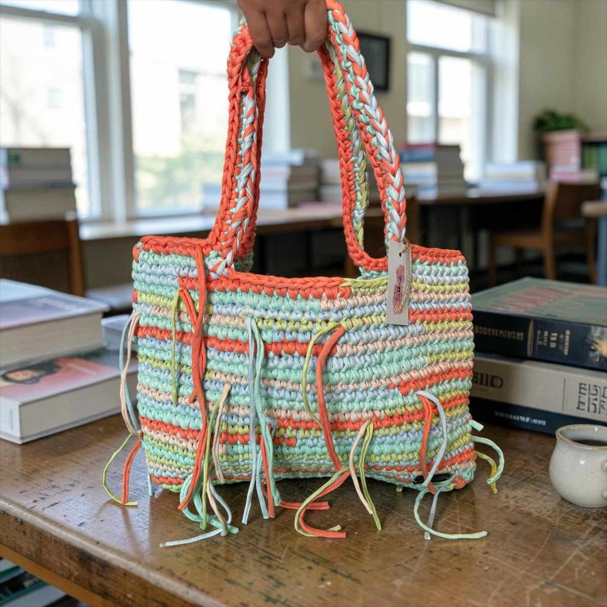 Pastel Multicolor Fringe Crochet Tote Bag