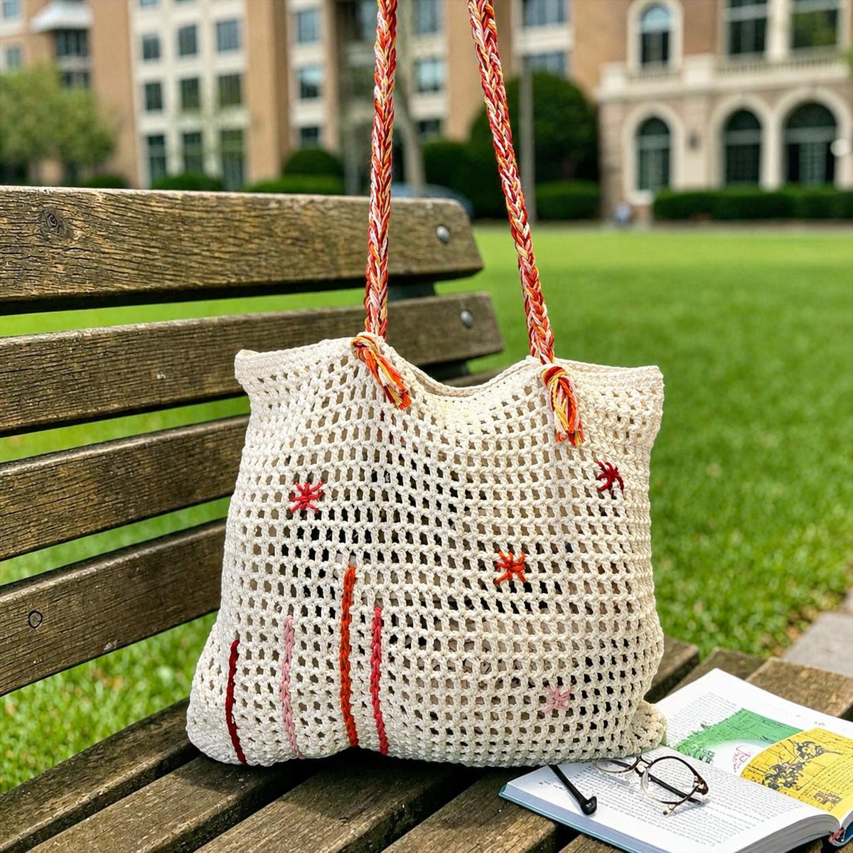 White Open-Weave Crochet Tote Bag with Red Embroidery