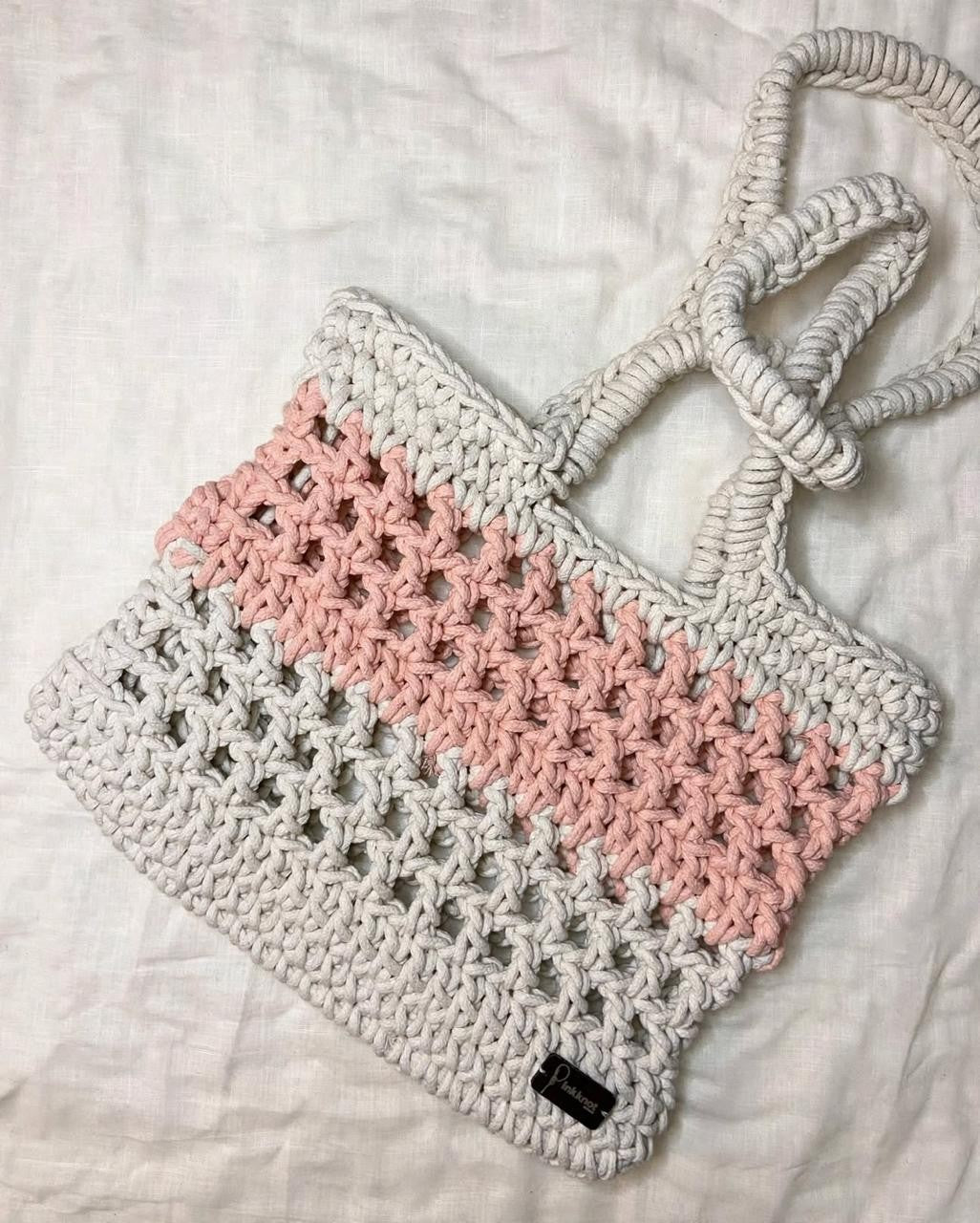 Pink & White Crochet Tote Bag