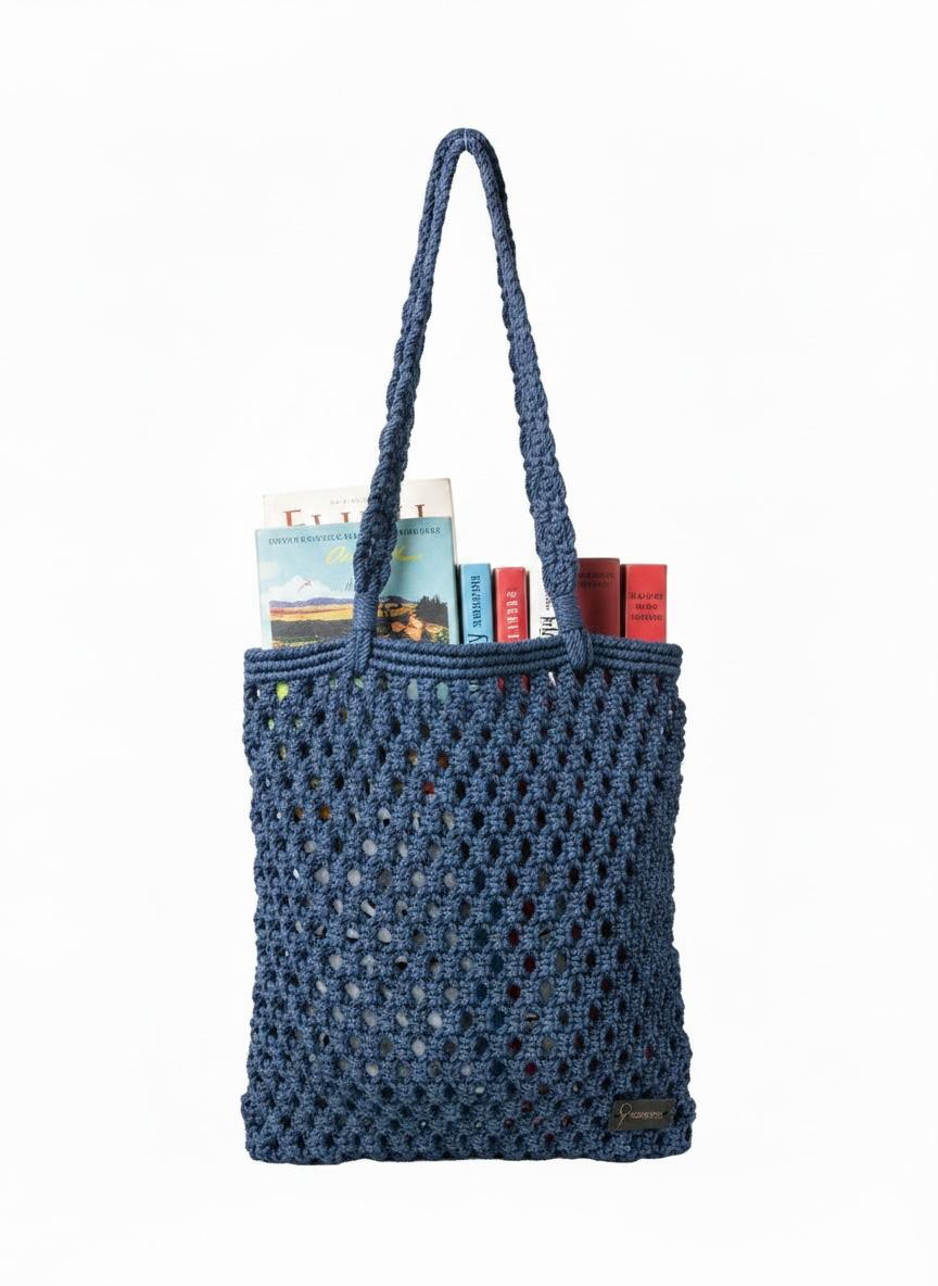 Macramé Knit Tote Bag – Navy Blue