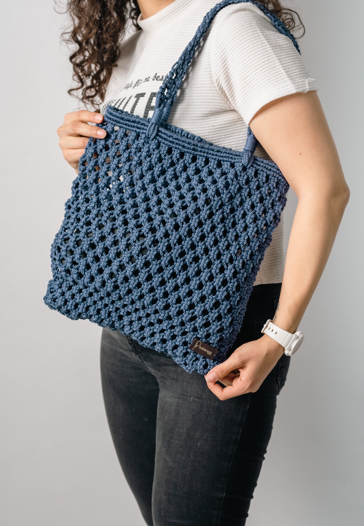 Macramé Knit Tote Bag – Navy Blue