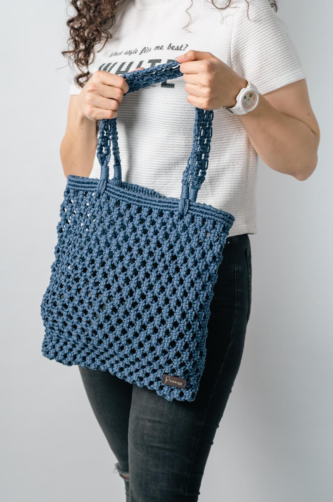 Macramé Knit Tote Bag – Navy Blue
