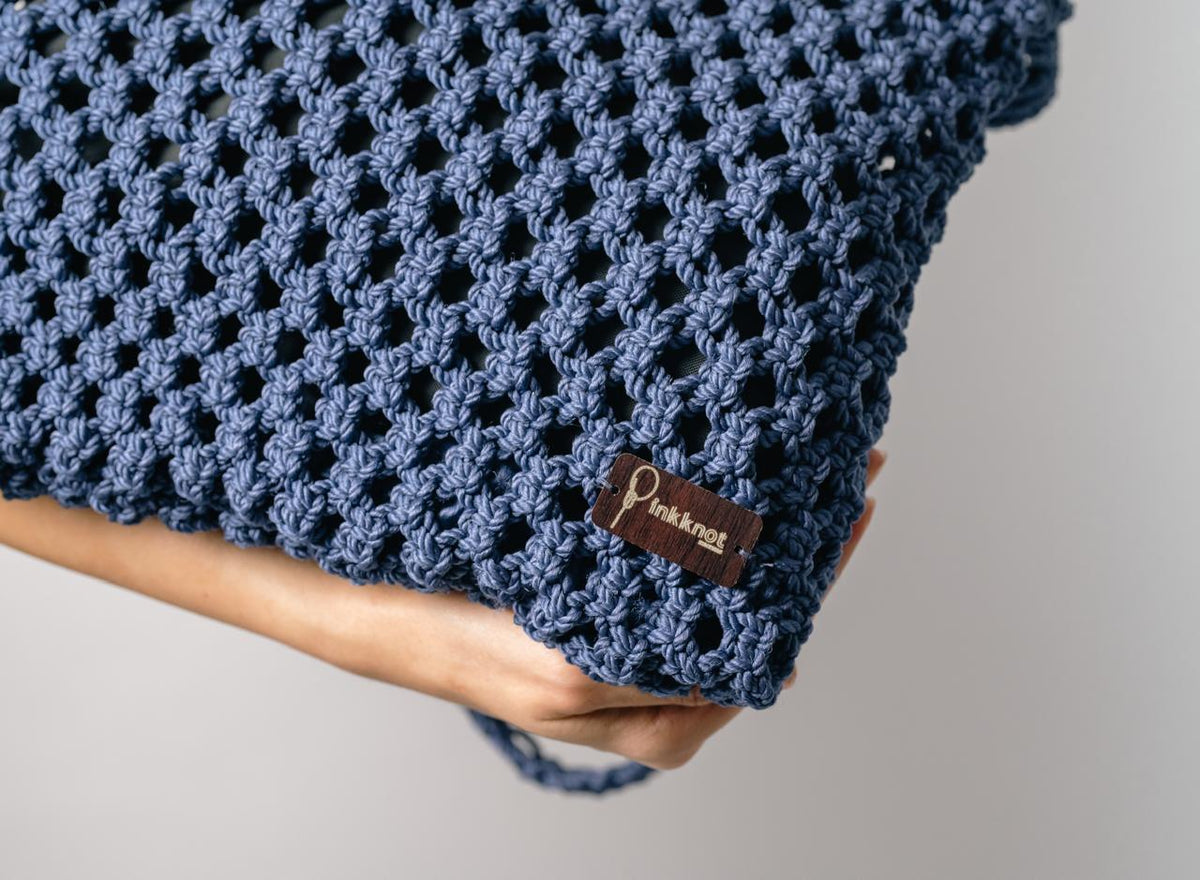 Macramé Knit Tote Bag – Navy Blue
