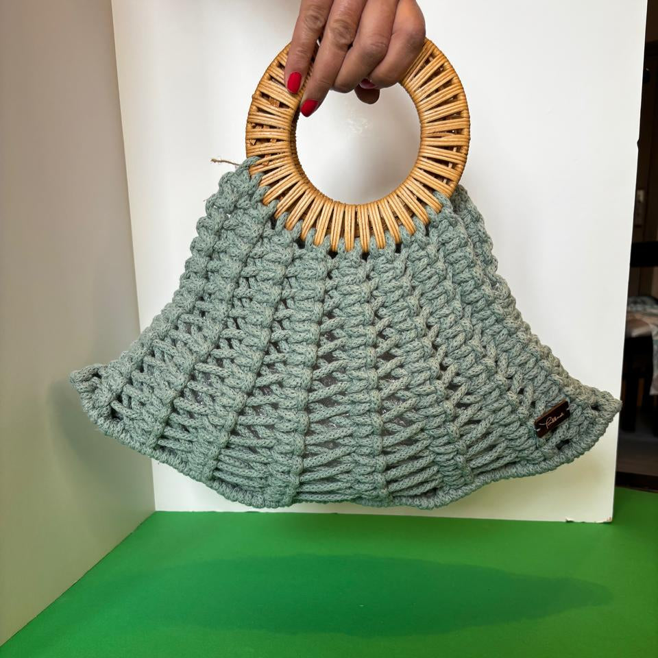 Sage Green Macramé Bag with Rattan Handle