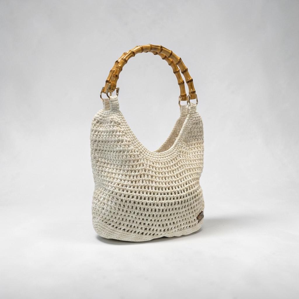 Cream Crochet Hobo Bag with Bamboo Handle