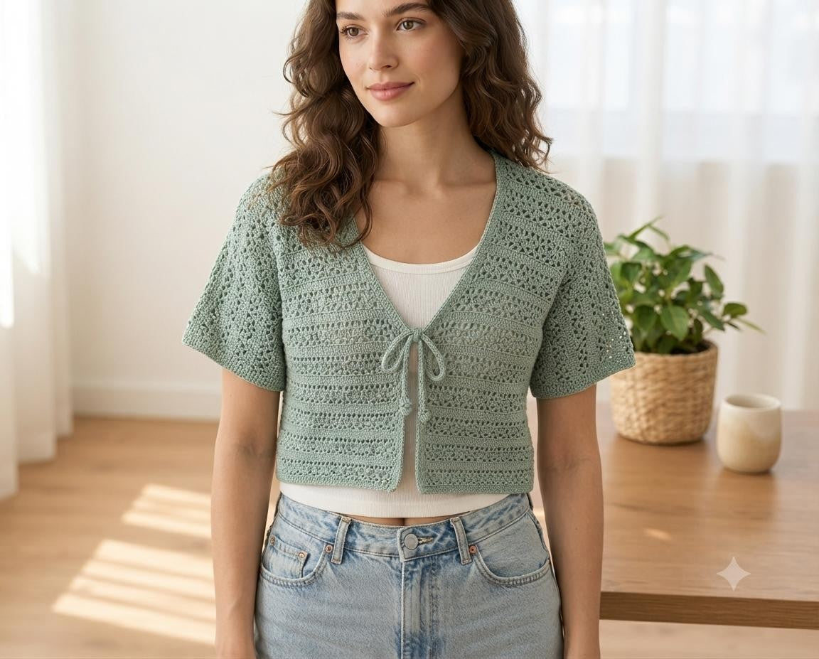 Sage Green Crochet Tie-Front Bolero