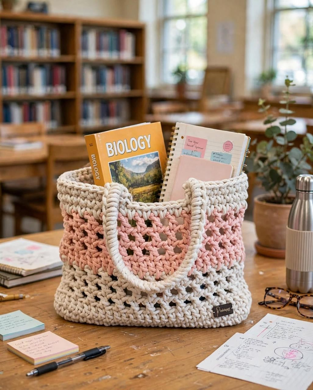 Pink & White Crochet Tote Bag