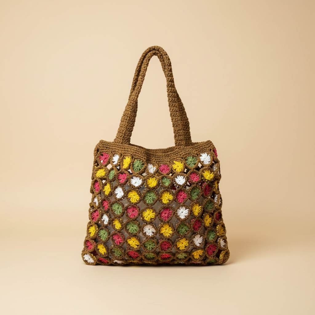 Colorful Granny Square Tote - Beige Background