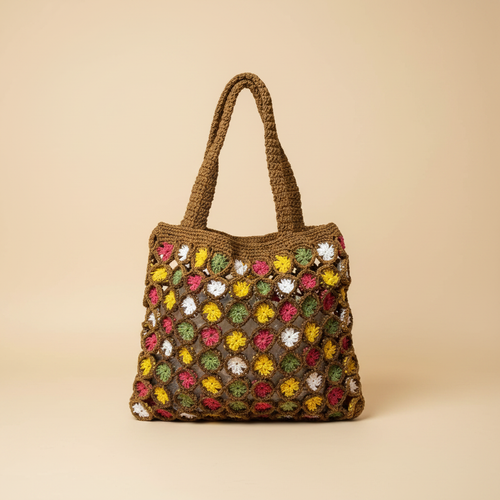 Colorful Granny Square Tote - Beige Background
