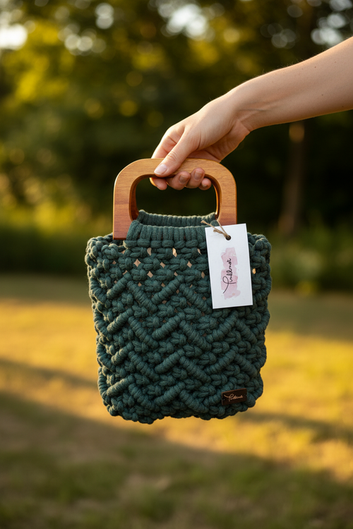 Forest Green Macramé Bag – Hand Held Shot