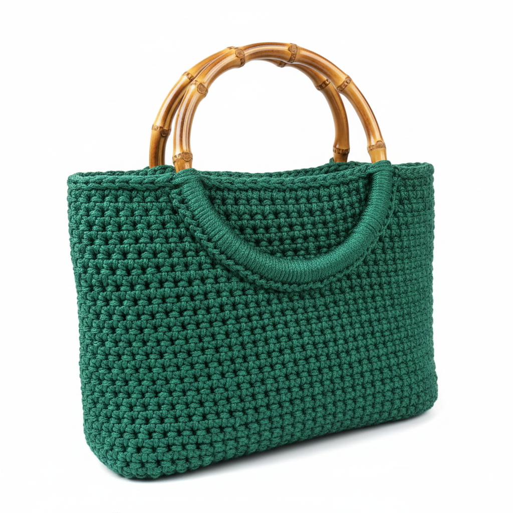 Green Crochet Bag with Bamboo Handles