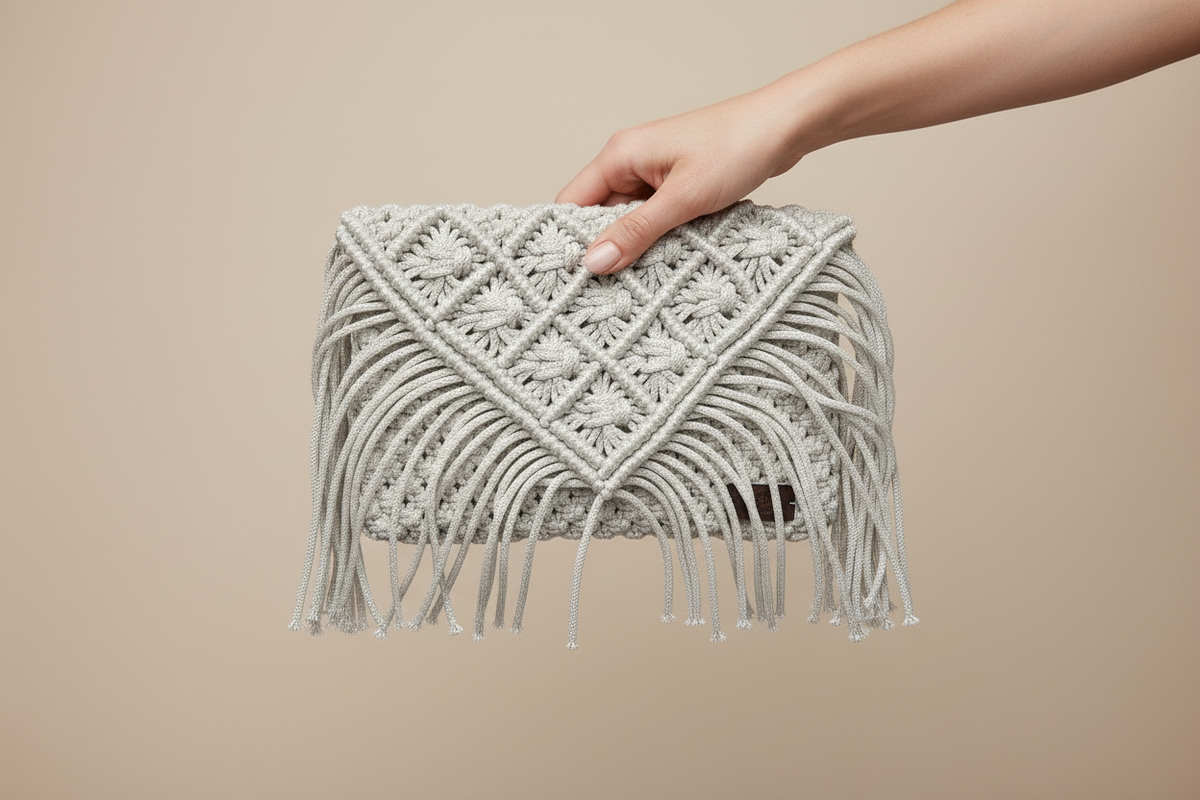 Handmade Macramé Fringe Clutch — Handed Shot