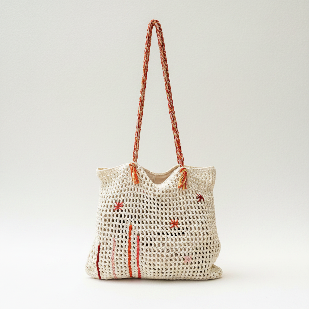 Ivory Open-Weave Crochet Tote – Off-White Background