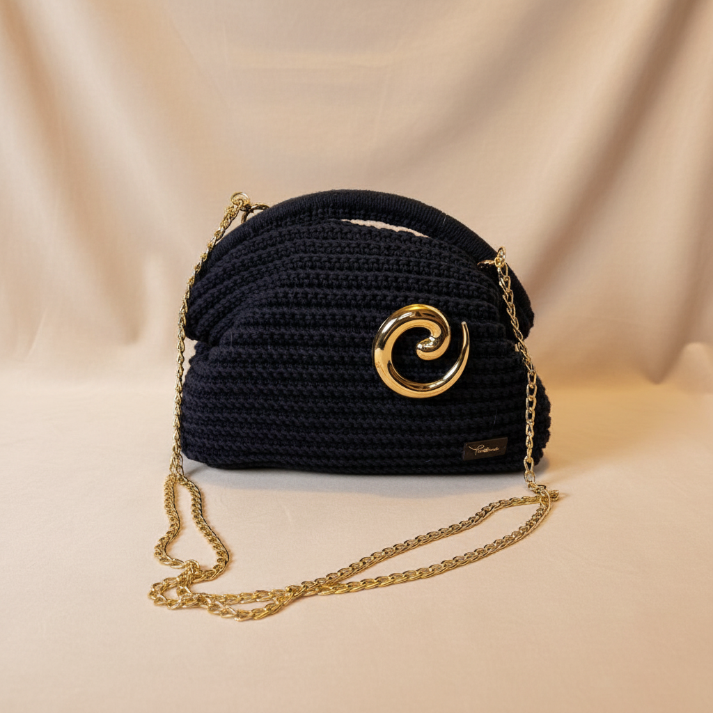 Navy Blue Crochet Bag - Beige Background