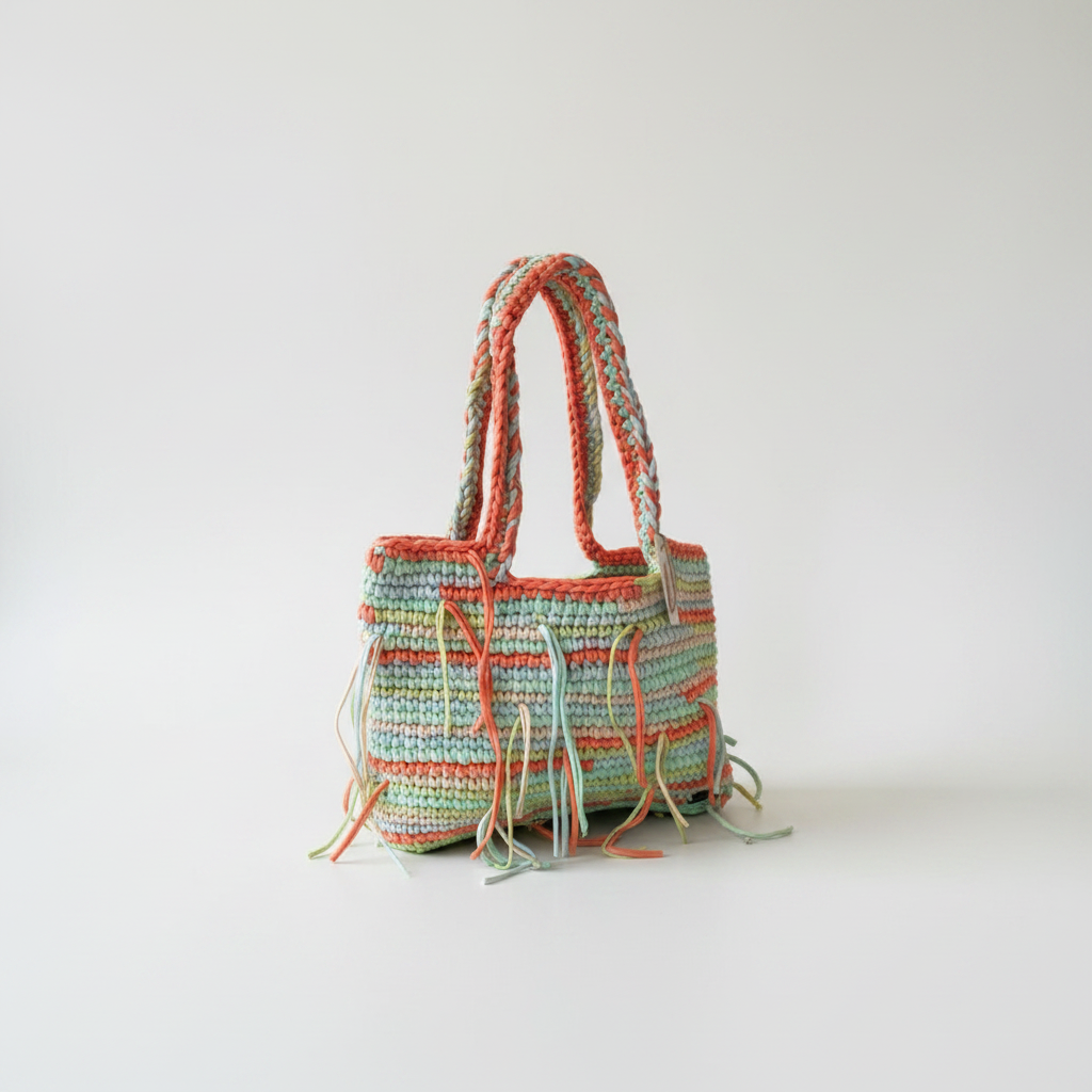 Pastel Fringe Crochet Tote – Off-White Background