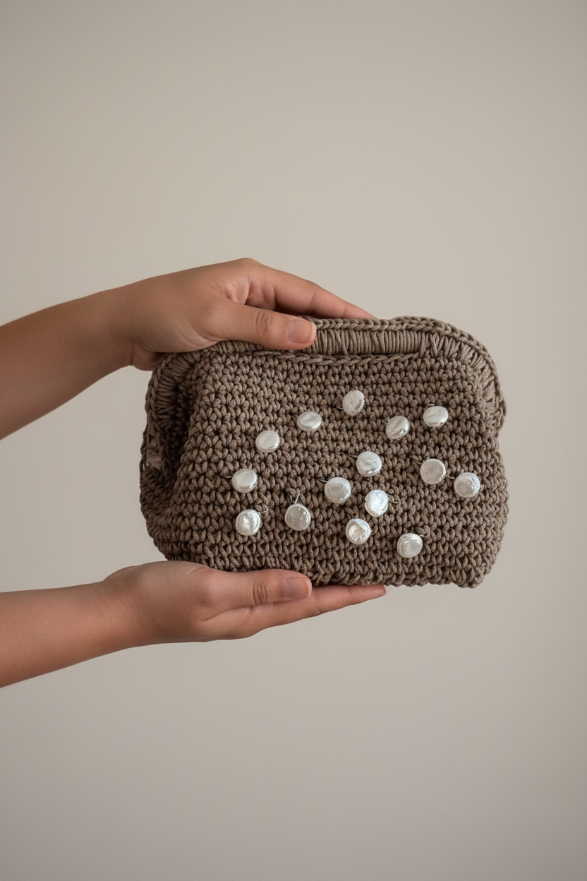 Pearl Crochet Clutch Held by Model