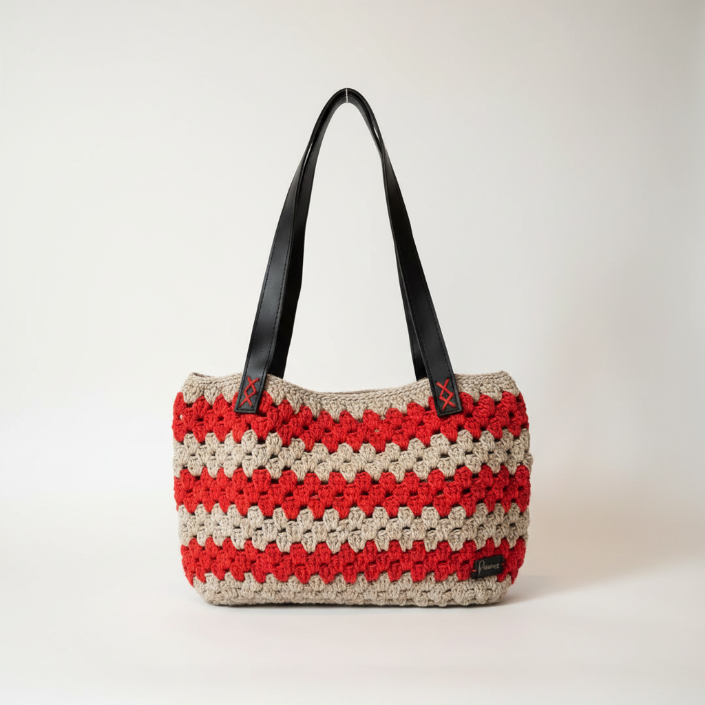 Red & Beige Crochet Tote – Off-White Background