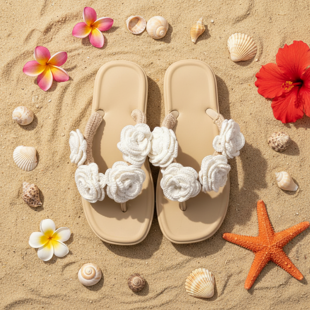 White Crochet Flower Flip Flops - Beach Summer